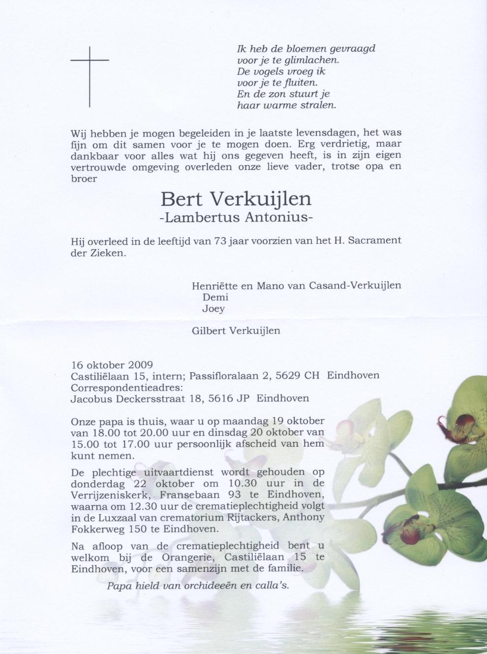 Rouwkaart Bert Verkuijlen, crematie 22 oktober 12:30, crematorium Eindhoven
