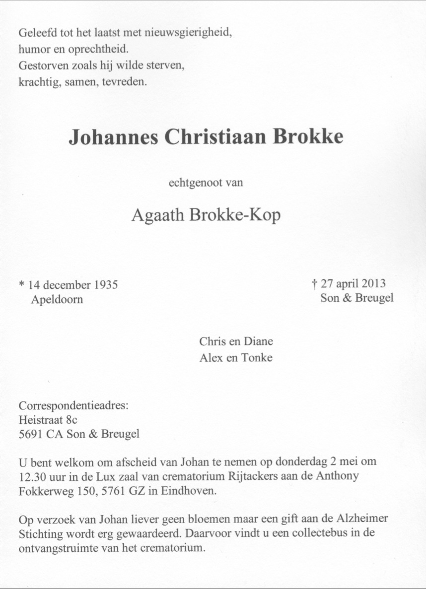Rouwkaart Jo Brokke Binnenkant, afscheid 2 mei 2013, crematorium Eindhoven